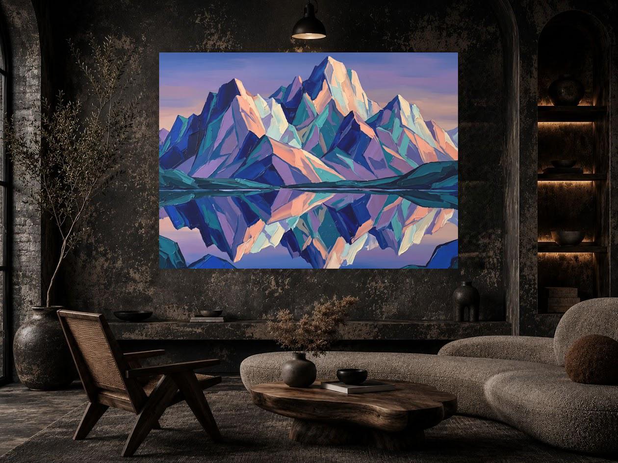 Colorful Mountain Wall Art | Geometric Landscape Canvas | Modern Cabin Decor — Framed Print wall art