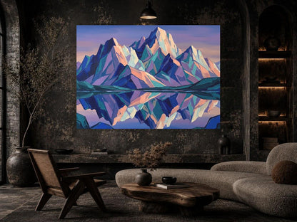 Colorful Mountain Wall Art | Geometric Landscape Canvas | Modern Cabin Decor — Framed Print wall art
