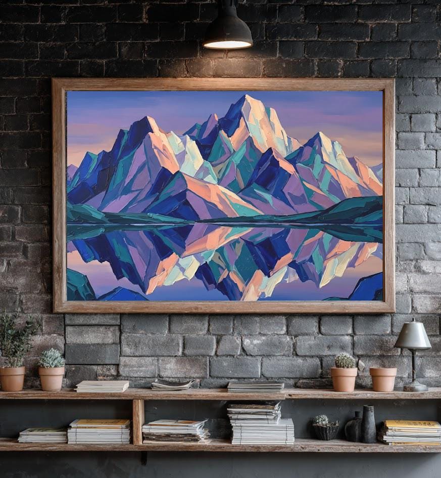 Colorful Mountain Wall Art | Geometric Landscape Canvas | Modern Cabin Decor — Framed Print wall art