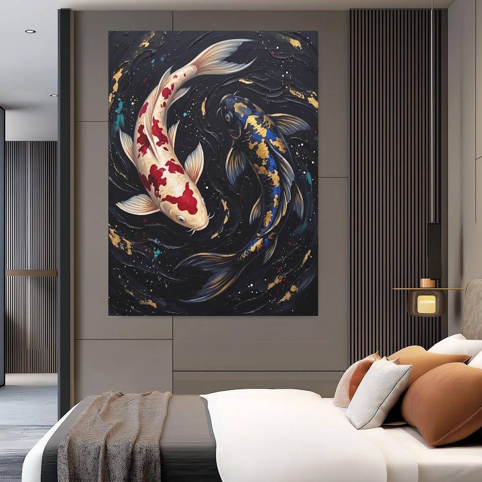 Koi Fish Wall Art | Yin Yang Canvas | Zen Japanese Decor — Framed Print wall art