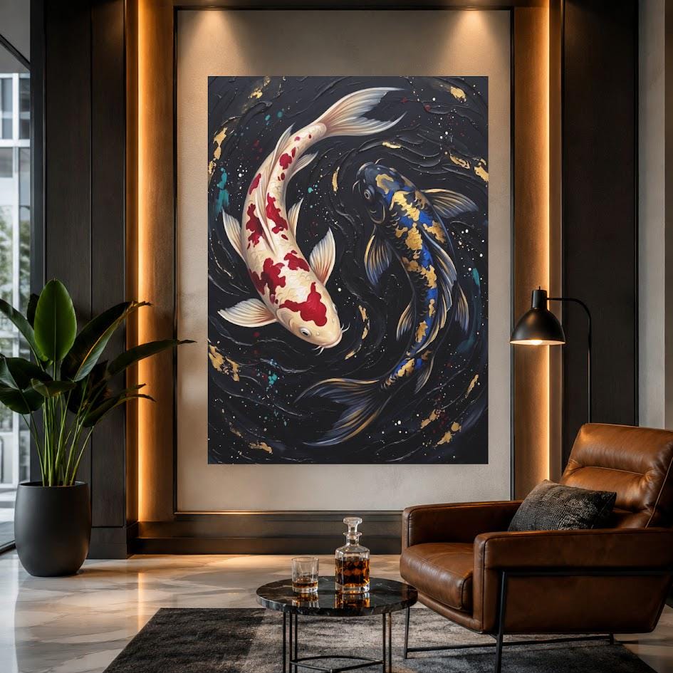 Koi Fish Wall Art | Yin Yang Canvas | Zen Japanese Decor — Framed Print wall art