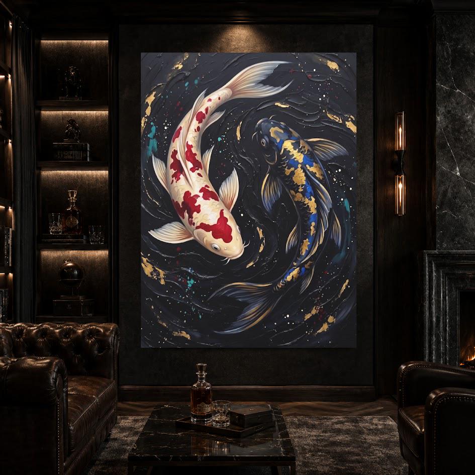Koi Fish Wall Art | Yin Yang Canvas | Zen Japanese Decor — Framed Print wall art