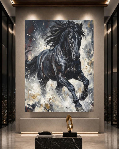 Black Horse Wall Art | Running Stallion Canvas | Equestrian Ranch Decor — Poster wall art