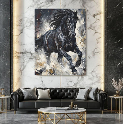 Black Horse Wall Art | Running Stallion Canvas | Equestrian Ranch Decor — Framed Print wall art