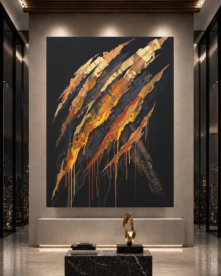 Abstract Claw Mark Wall Art | Black Gold Canvas | Bold Statement Decor — Framed Print wall art