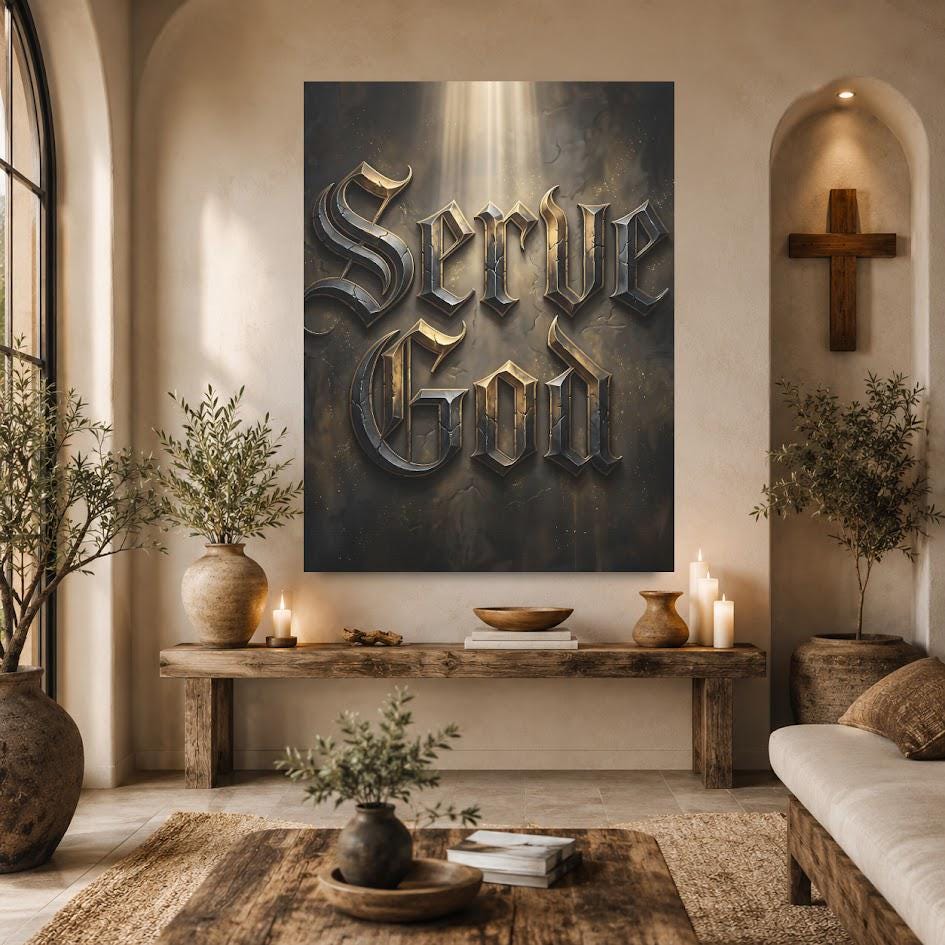 Serve God Wall Art | Modern Christian Canvas | Masculine Office Decor — Framed Print wall art