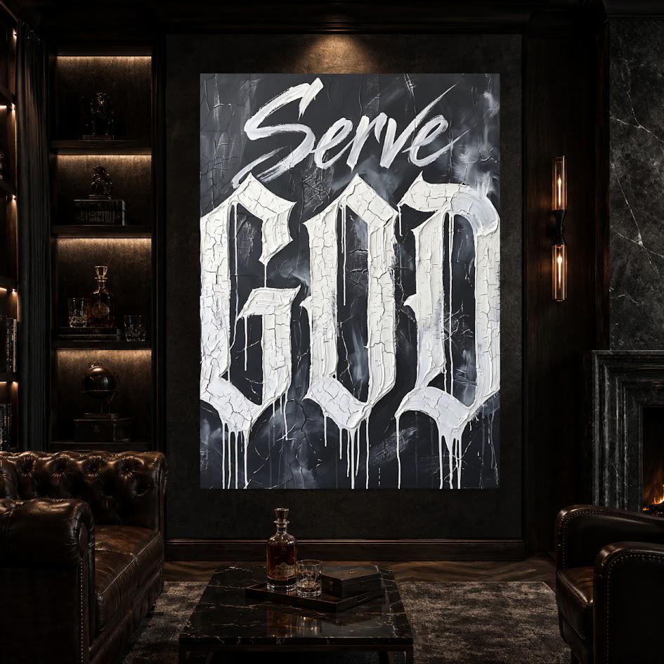 Christian Quote Wall Art | Serve God Canvas | Black and White Faith Decor — Framed Print wall art