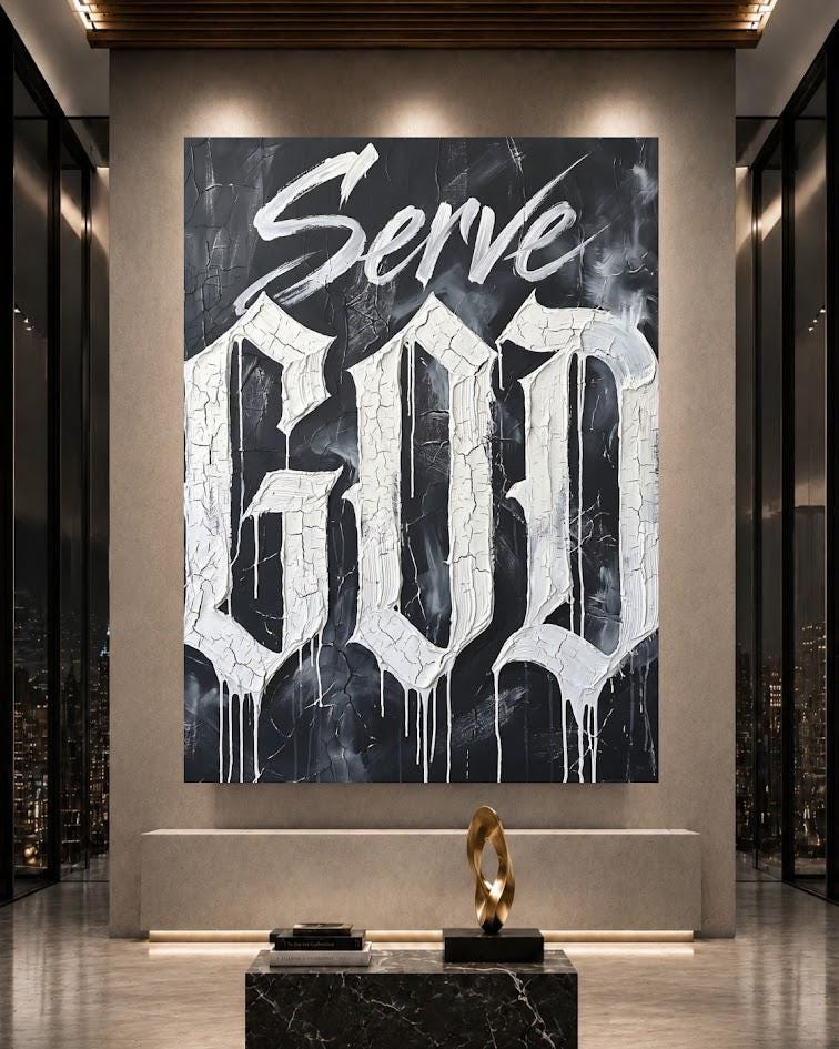 Christian Quote Wall Art | Serve God Canvas | Black and White Faith Decor — Framed Print wall art