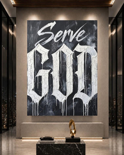 Christian Quote Wall Art | Serve God Canvas | Black and White Faith Decor — Framed Print wall art