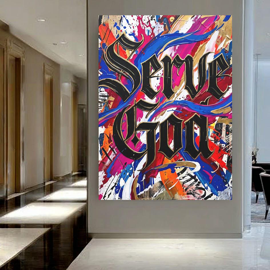 Graffiti Christian Wall Art | Serve God Canvas | Colorful Urban Decor — Framed Print wall art
