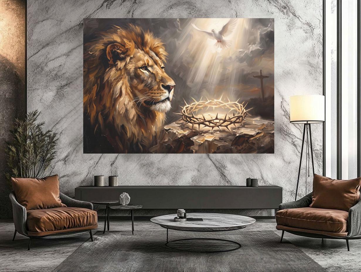Lion of Judah Wall Art | Crown of Thorns Canvas | Christian Home Decor — Framed Print wall art
