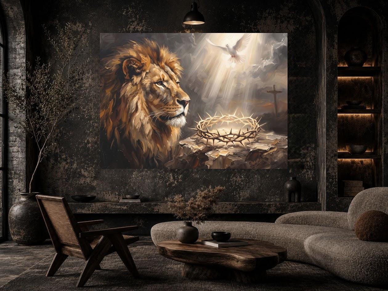 Lion of Judah Wall Art | Crown of Thorns Canvas | Christian Home Decor — Framed Print wall art