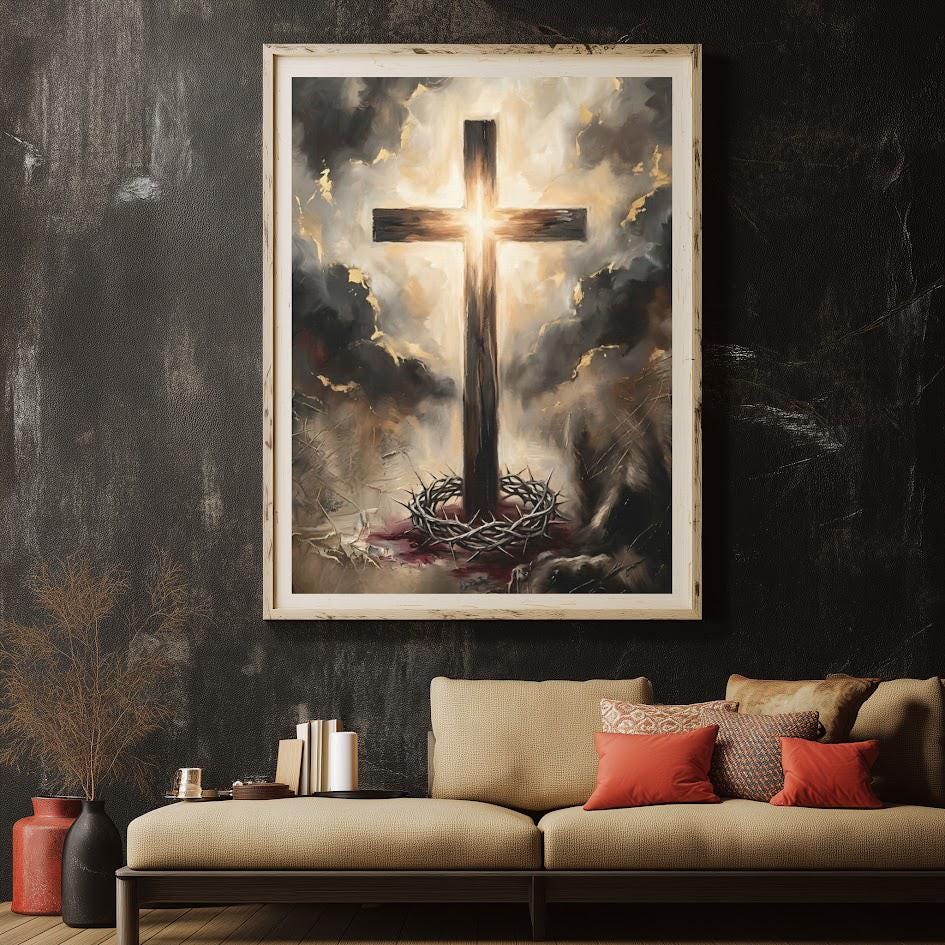 Crown of Thorns Wall Art | Christian Cross Canvas | Prayer Room Decor — Framed Print wall art
