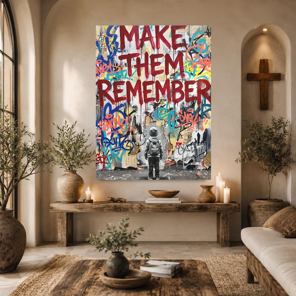 Make Them Remember Wall Art, Graffiti Canvas Print, Motivational Street Decor, Urban Typography Artwork — Framed Print wall