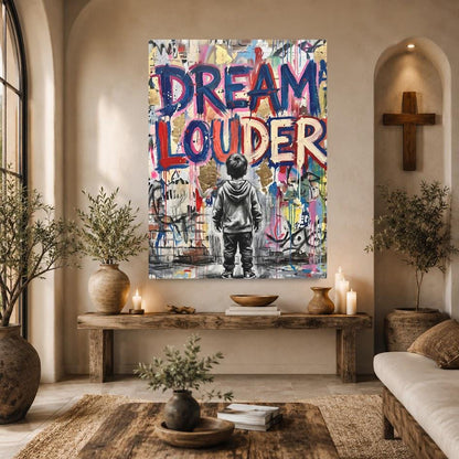Dream Louder Wall Art, Inspirational Graffiti Canvas, Kids Bedroom Decor, Teen Room Poster, Urban Quote Artwork — Framed