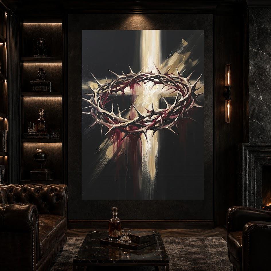 Crown of Thorns Wall Art, Christian Canvas Print, Cross Wall Decor, Jesus Faith Artwork, Religious Living Room Decor — Canvas
