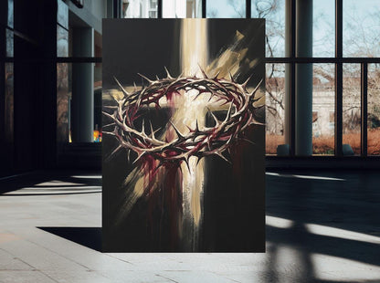 Crown of Thorns Wall Art, Christian Canvas Print, Cross Wall Decor, Jesus Faith Artwork, Religious Living Room Decor — Framed