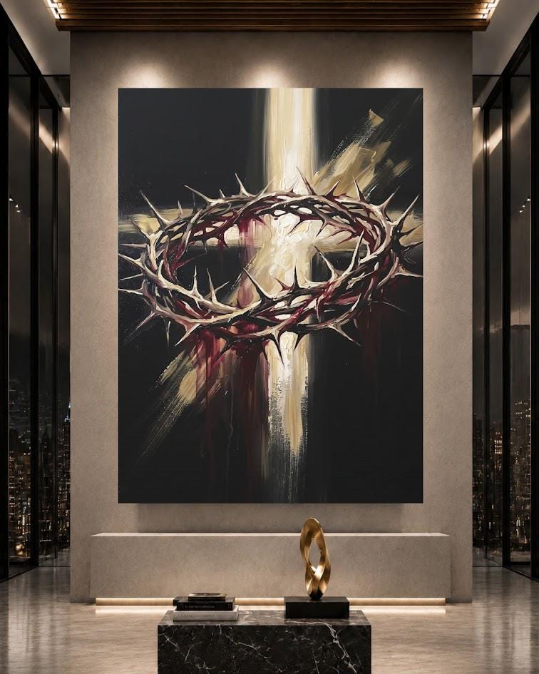 Crown of Thorns Wall Art, Christian Canvas Print, Cross Wall Decor, Jesus Faith Artwork, Religious Living Room Decor — Poster
