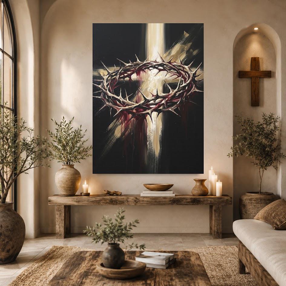 Crown of Thorns Wall Art, Christian Canvas Print, Cross Wall Decor, Jesus Faith Artwork, Religious Living Room Decor — Framed