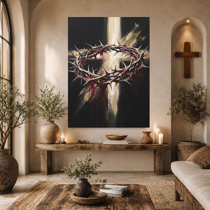 Crown of Thorns Wall Art, Christian Canvas Print, Cross Wall Decor, Jesus Faith Artwork, Religious Living Room Decor — Framed