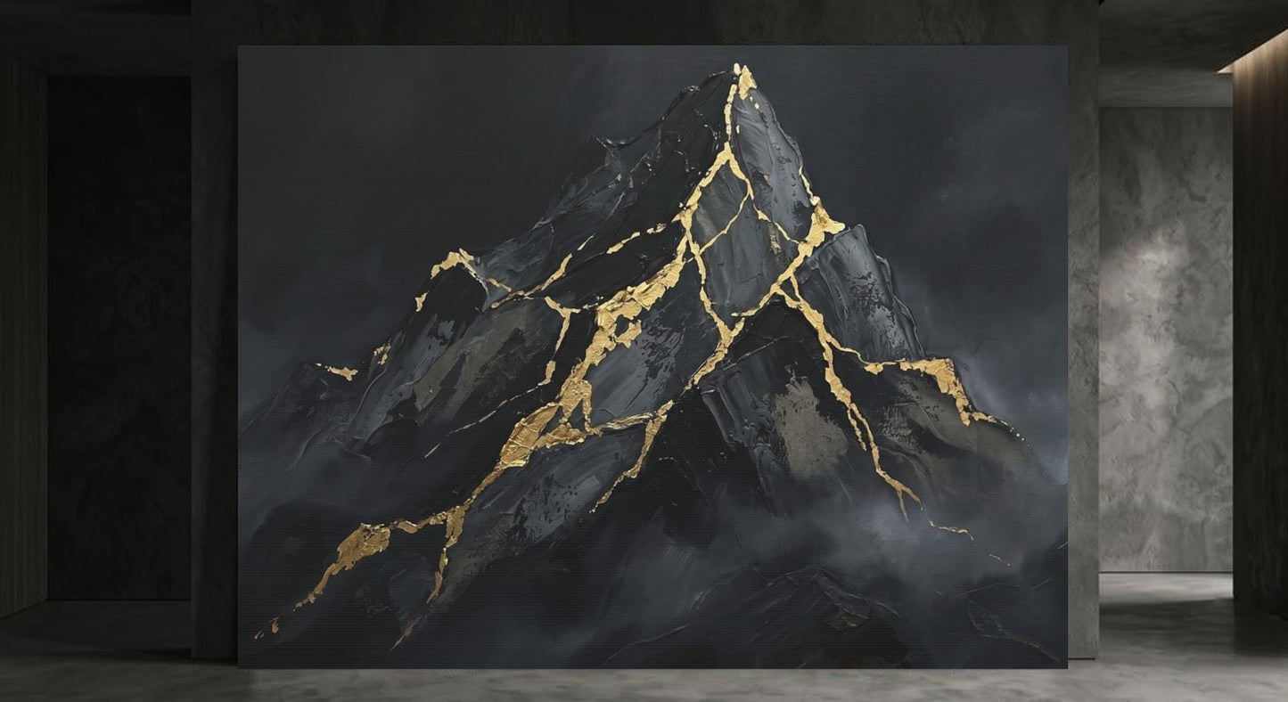 Mountain Wall Art | Black Gold Kintsugi Canvas | Masculine Office Decor — Framed Print wall art