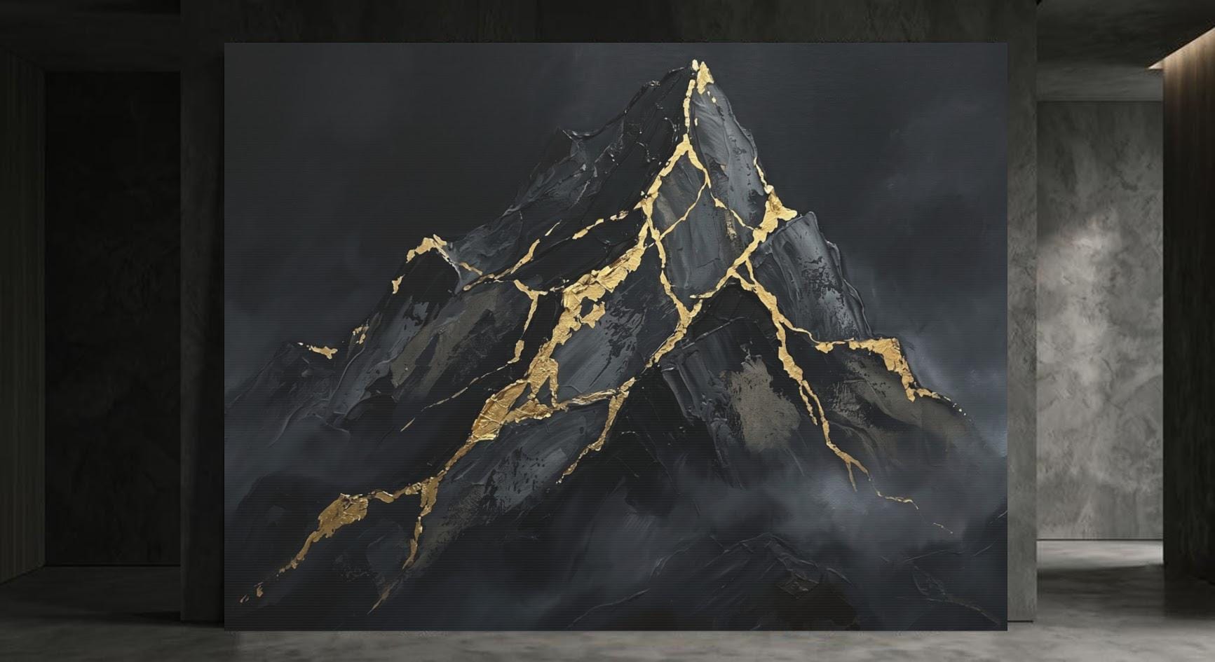 Mountain Wall Art | Black Gold Kintsugi Canvas | Masculine Office Decor — Framed Print wall art