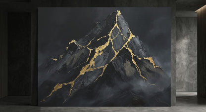 Mountain Wall Art | Black Gold Kintsugi Canvas | Masculine Office Decor — Framed Print wall art