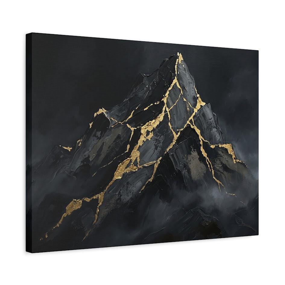 Mountain Wall Art | Black Gold Kintsugi Canvas | Masculine Office Decor — Canvas wall art