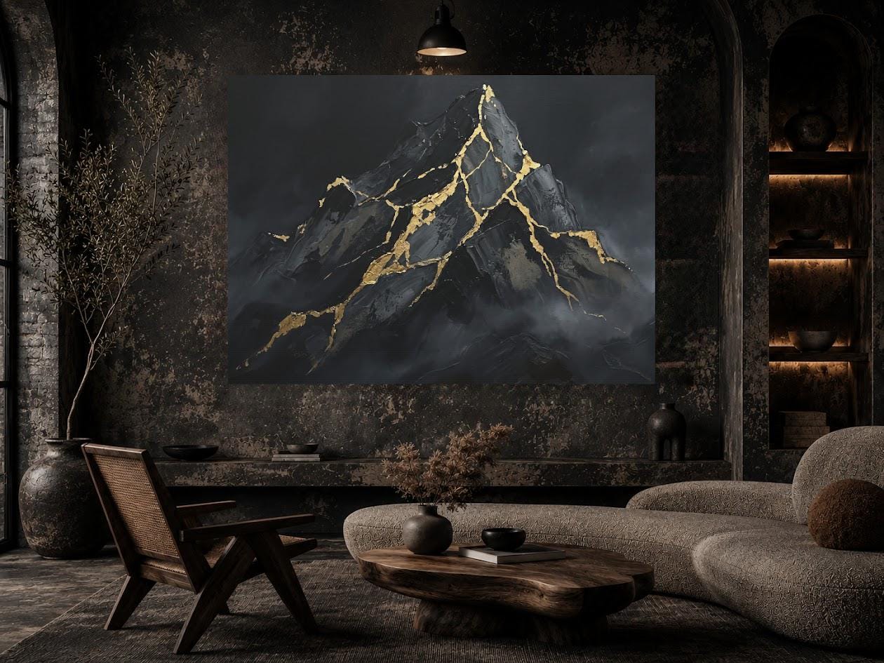 Mountain Wall Art | Black Gold Kintsugi Canvas | Masculine Office Decor — Framed Print wall art