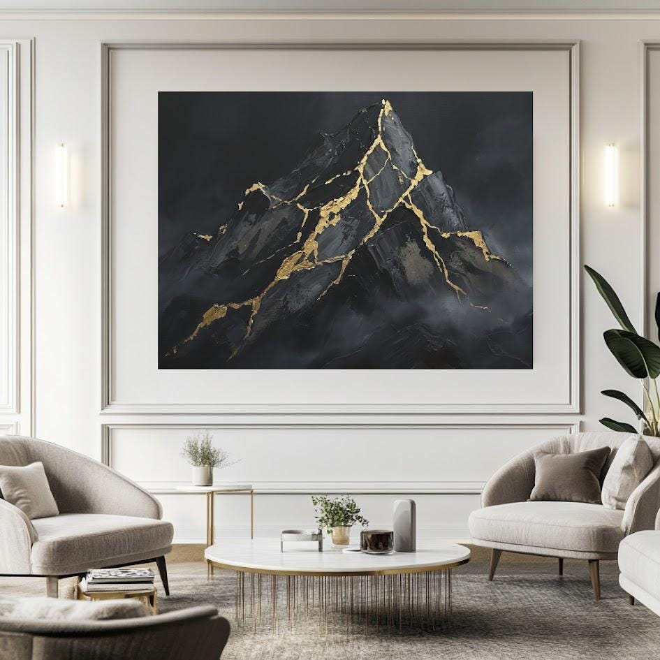 Mountain Wall Art | Black Gold Kintsugi Canvas | Masculine Office Decor — Framed Print wall art