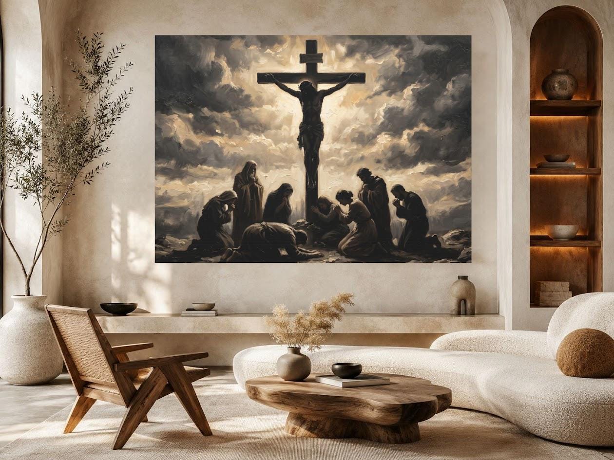 Jesus on the Cross Canvas | Good Friday Faith Art | Religious Home Decor — Framed Print wall art