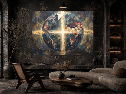 Christian Globe Wall Art, Cross Canvas Print, Faith Home Decor — Framed Print wall art