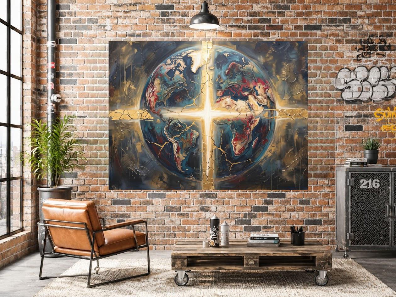 Christian Globe Wall Art, Cross Canvas Print, Faith Home Decor — Framed Print wall art