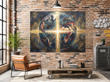 Christian Globe Wall Art, Cross Canvas Print, Faith Home Decor — Framed Print wall art