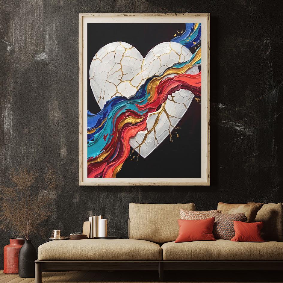 Broken Heart Wall Art | Kintsugi Love Canvas | Colorful Healing Decor — Framed Print wall art