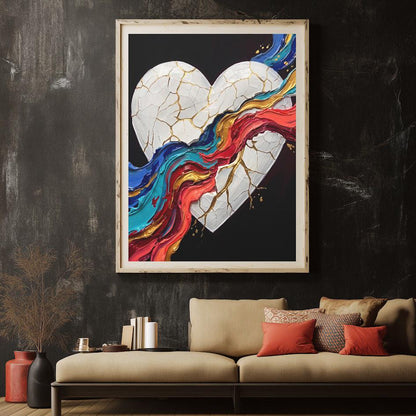 Broken Heart Wall Art | Kintsugi Love Canvas | Colorful Healing Decor — Framed Print wall art
