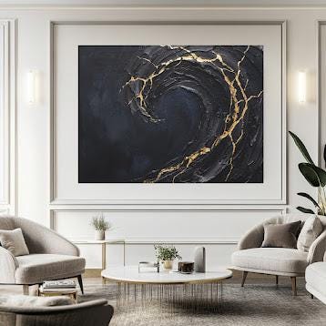 Ocean Wave Wall Art | Black Gold Kintsugi Canvas | Modern Coastal Decor — Framed Print wall art