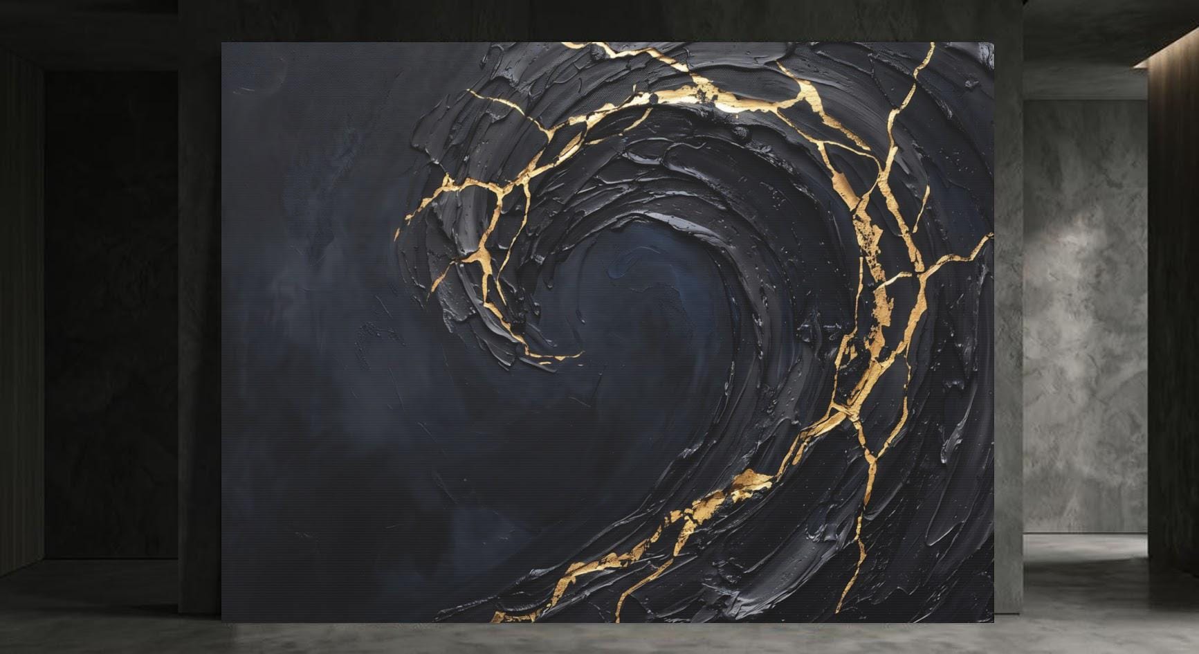 Ocean Wave Wall Art | Black Gold Kintsugi Canvas | Modern Coastal Decor — Framed Print wall art
