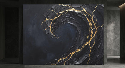 Ocean Wave Wall Art | Black Gold Kintsugi Canvas | Modern Coastal Decor — Framed Print wall art