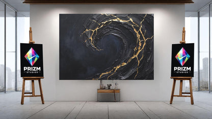 Ocean Wave Wall Art | Black Gold Kintsugi Canvas | Modern Coastal Decor — Framed Print wall art