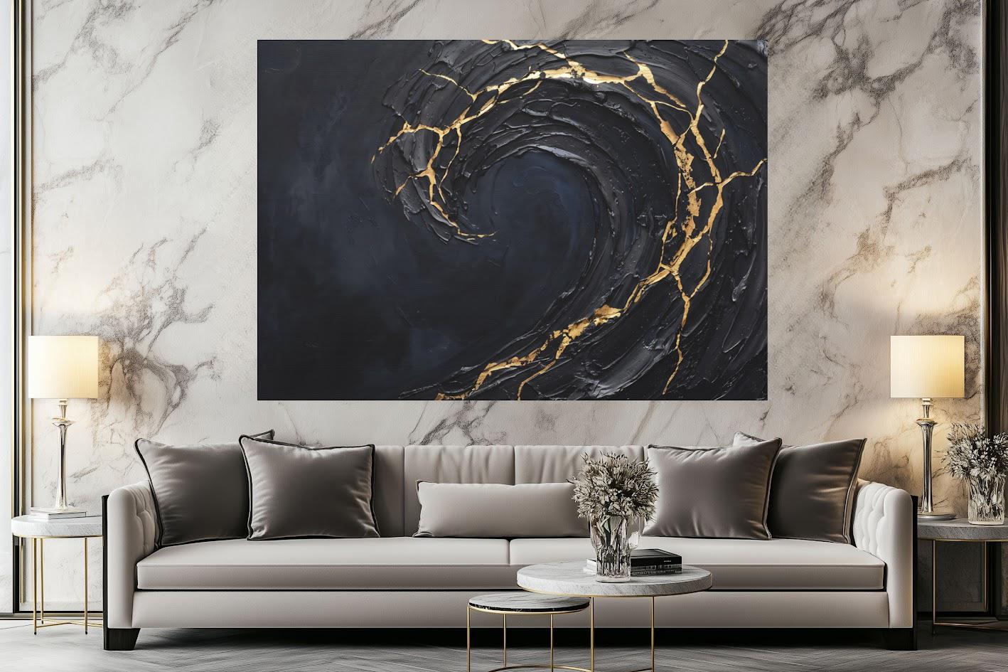 Ocean Wave Wall Art | Black Gold Kintsugi Canvas | Modern Coastal Decor — Poster wall art