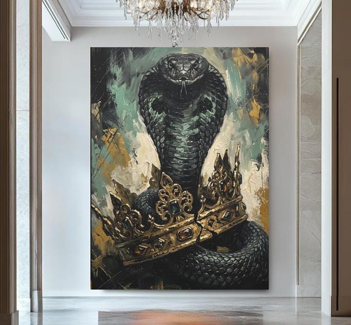 King Cobra Wall Art | Crowned Snake Canvas Print | Dark Man Cave Decor — Framed Print wall art