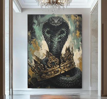 King Cobra Wall Art | Crowned Snake Canvas Print | Dark Man Cave Decor — Framed Print wall art