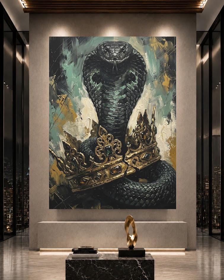 King Cobra Wall Art | Crowned Snake Canvas Print | Dark Man Cave Decor — Framed Print wall art