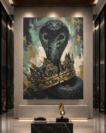 King Cobra Wall Art | Crowned Snake Canvas Print | Dark Man Cave Decor — Framed Print wall art