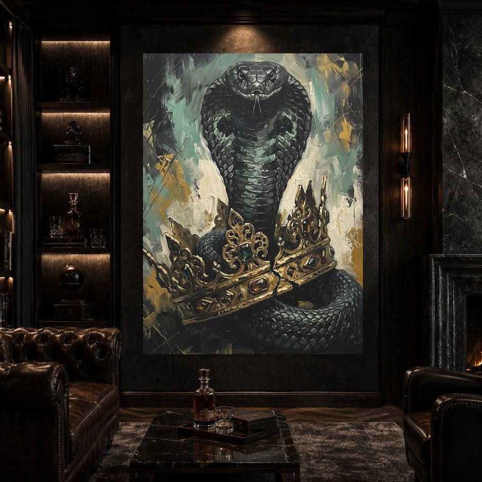 King Cobra Wall Art | Crowned Snake Canvas Print | Dark Man Cave Decor — Framed Print wall art