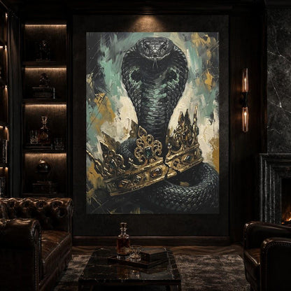 King Cobra Wall Art | Crowned Snake Canvas Print | Dark Man Cave Decor — Framed Print wall art