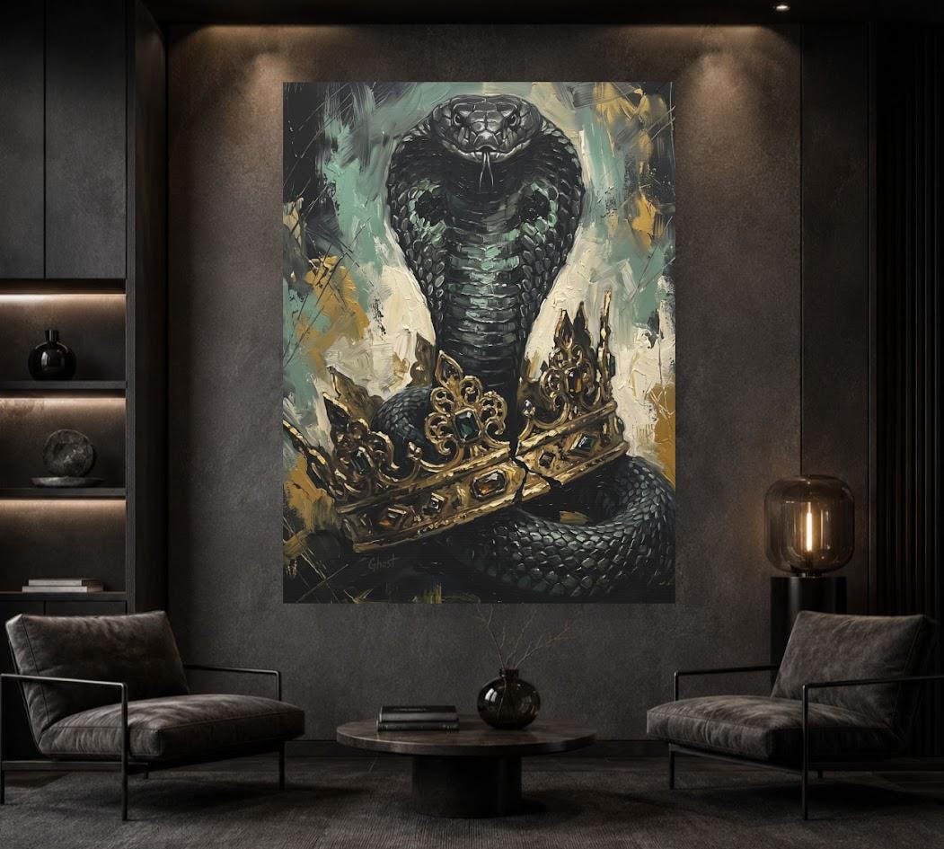 King Cobra Wall Art | Crowned Snake Canvas Print | Dark Man Cave Decor — Framed Print wall art