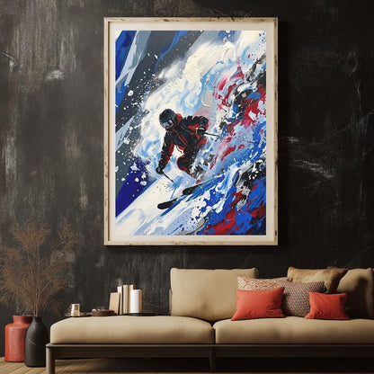 Skiing Wall Art | Abstract Skier Canvas Print | Mountain Lodge Decor — Framed Print wall art
