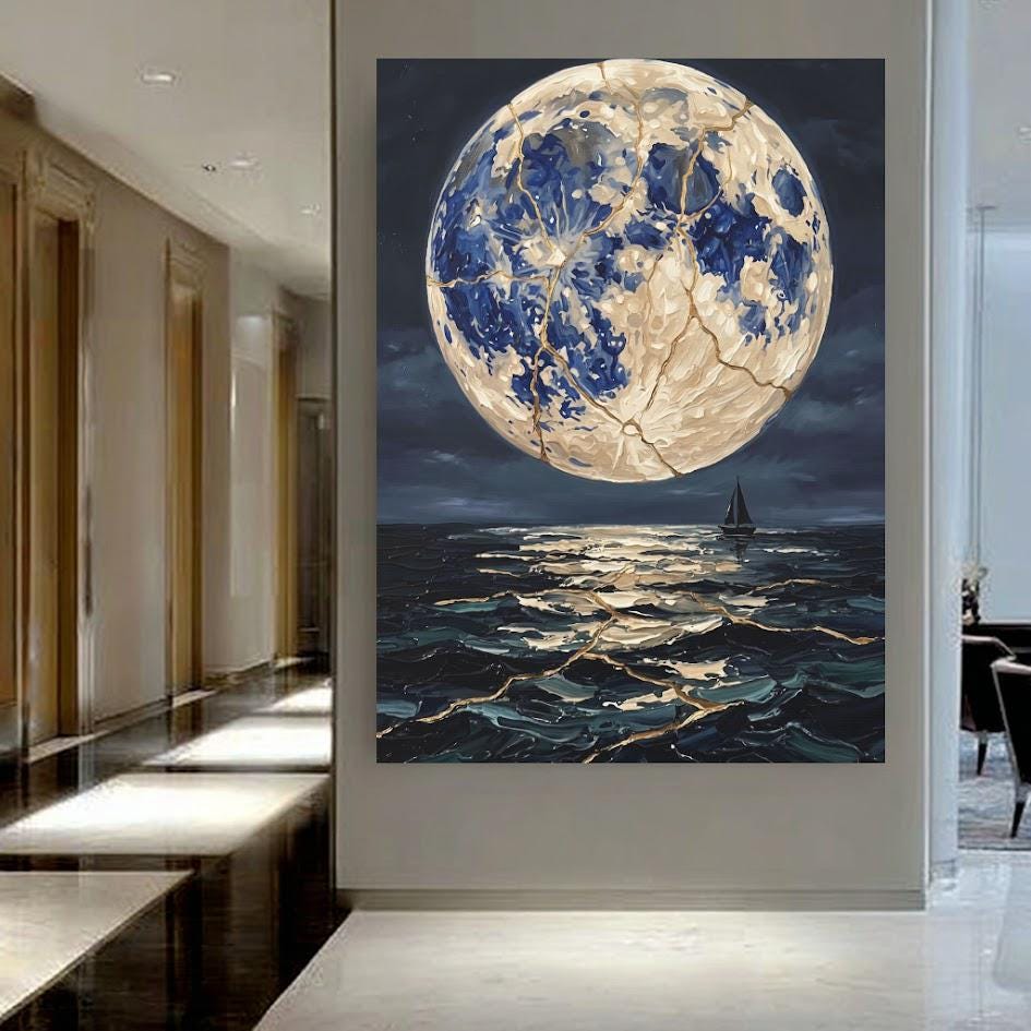 Moonlit Ocean Canvas | Sailboat Seascape Art | Dark Coastal Decor — Framed Print wall art